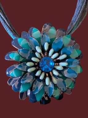 Vintage Enamel Blue Rhinestone Flower Pendant 1.85" Multi Strand 16.5" Necklace